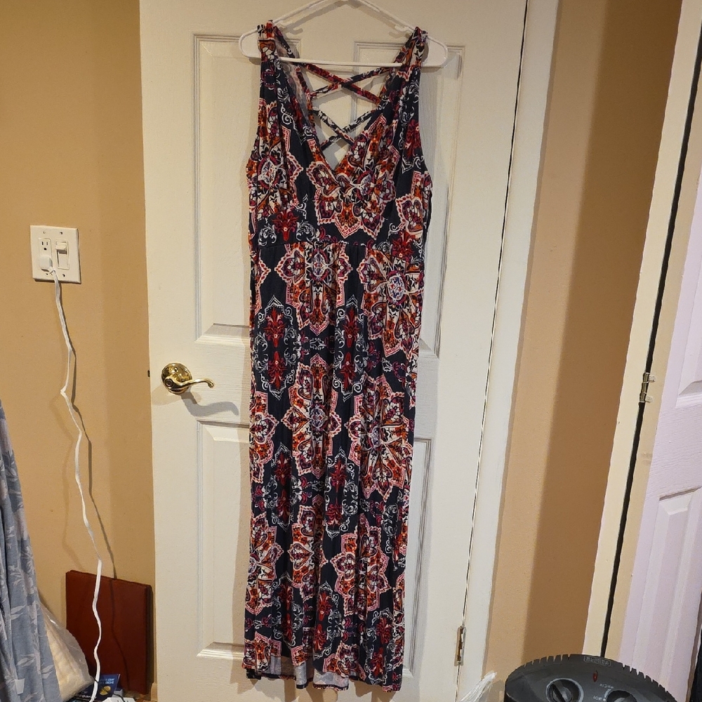 Loveappella Navy, White, Pink and Orang Patterned Maxi Dress